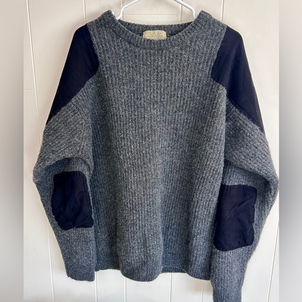 Cabela's‎ Mens XLT Gray Lambswool Knit Pullover Sweater Shoulder Elbow Patch